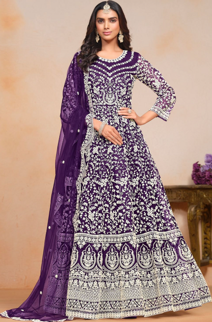 Purple Sangeet Party Plus Size Anarkali Suit In Net YDDF30802