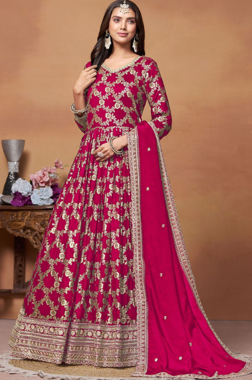 Pink Sangeet Party Plus Size Anarkali Suit In Jacquard Silk SFDFS29204