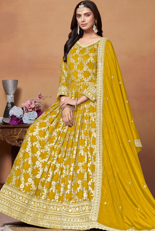 Yellow Sangeet Party Plus Size Anarkali Suit In Jacquard Silk SFDFS29201