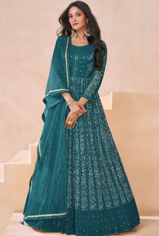 Teal Blue Evening Party Georgette Anarkali Suit SFEDC11403