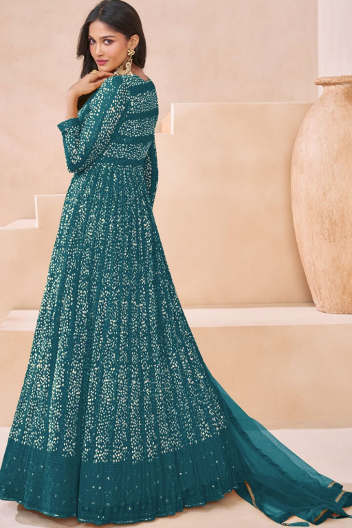 Teal Blue Evening Party Georgette Anarkali Suit SFEDC11403