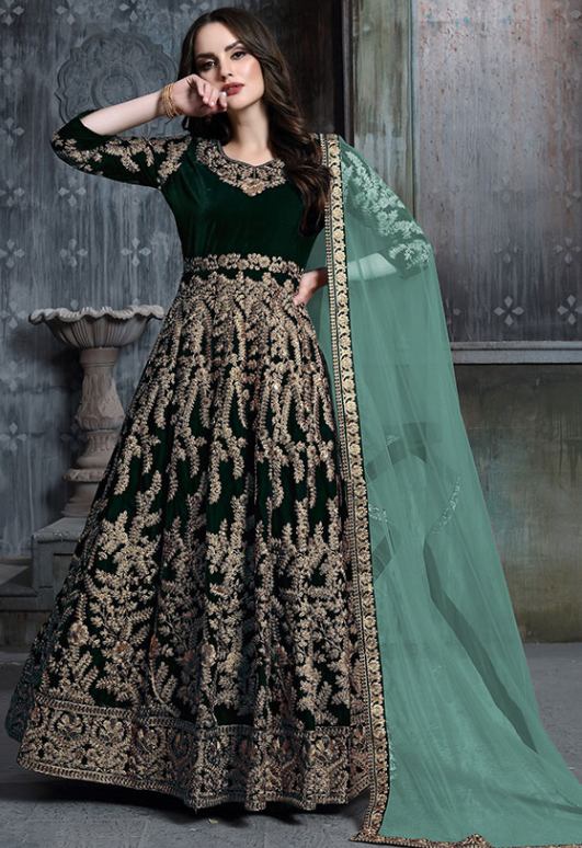 Green Sangeet Bridal Velvet Anarkali Suit SFDFS11301A