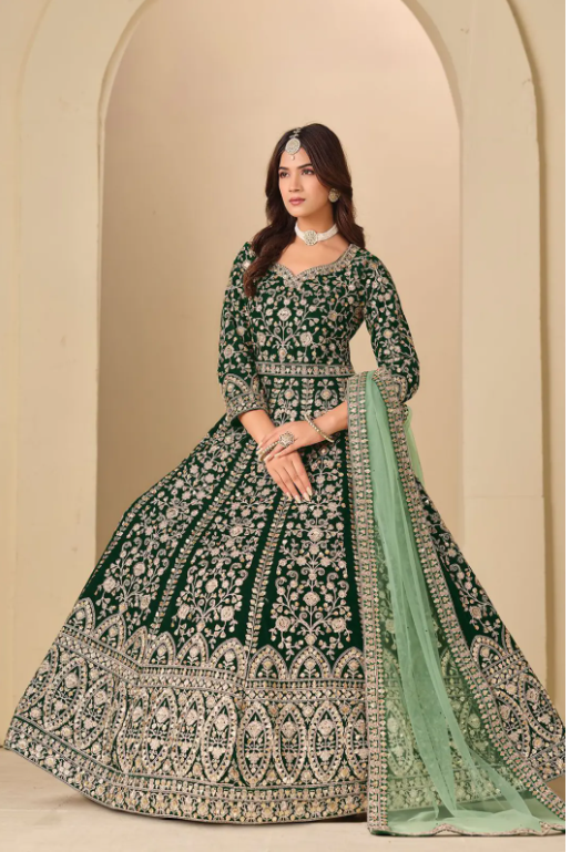 Green Plus Size Bridal Sangeet Wedding Party Gown In Velvet SFDFS38201