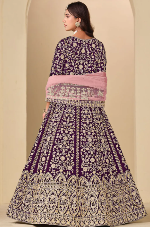 Wine Plus Size Bridal Sangeet Wedding Party Gown In Velvet SFDFS38202