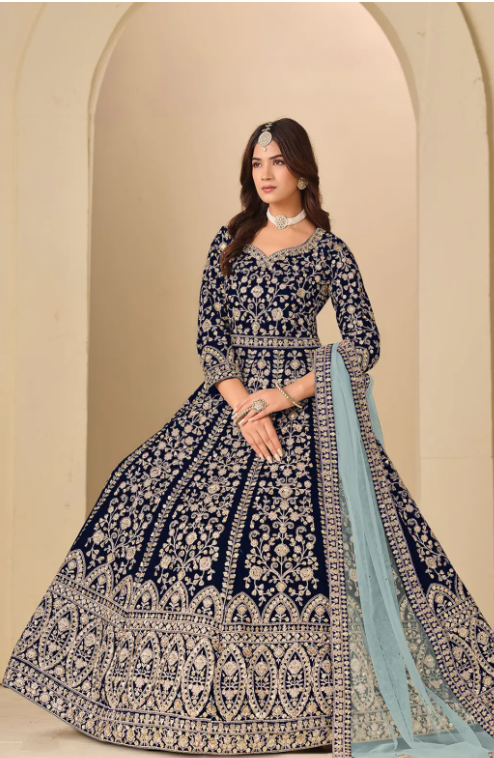 Blue Plus Size Bridal Sangeet Wedding Party Gown In Velvet SFDFS38203