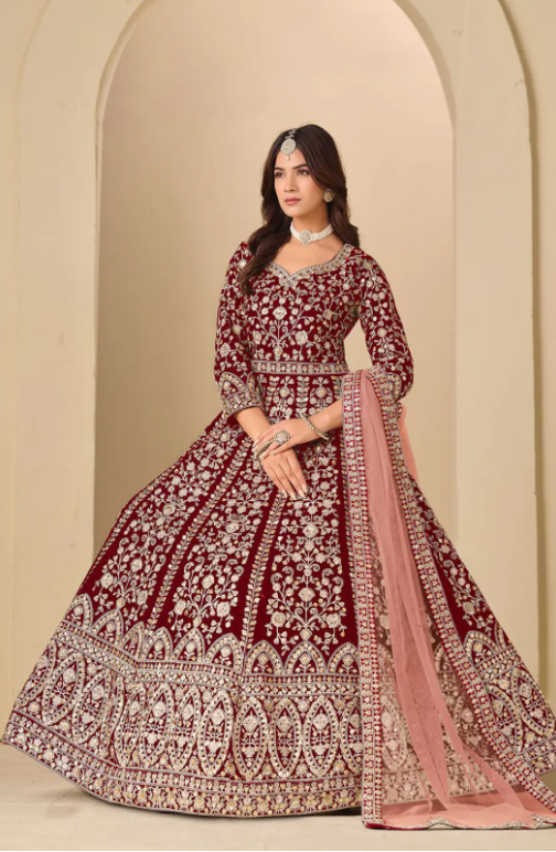 Maroon Plus Size Bridal Sangeet Wedding Party Gown In Velvet SFDFS38204