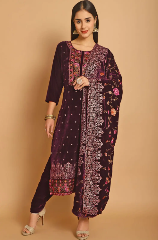 Wine Plus Size Sangeet Wedding Salwar Kameez In Velvet SFSTL30704