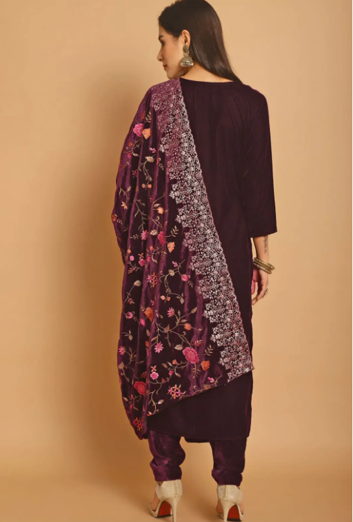 Wine Plus Size Sangeet Wedding Salwar Kameez In Velvet SFSTL30704