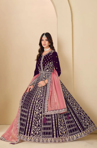 Wine Plus Size Sangeet Wedding Anarkali Suit In Velvet SFDFS38302