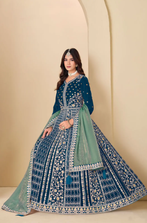 Turquoise Plus Size Sangeet Wedding Anarkali Suit In Velvet SFDFS38303