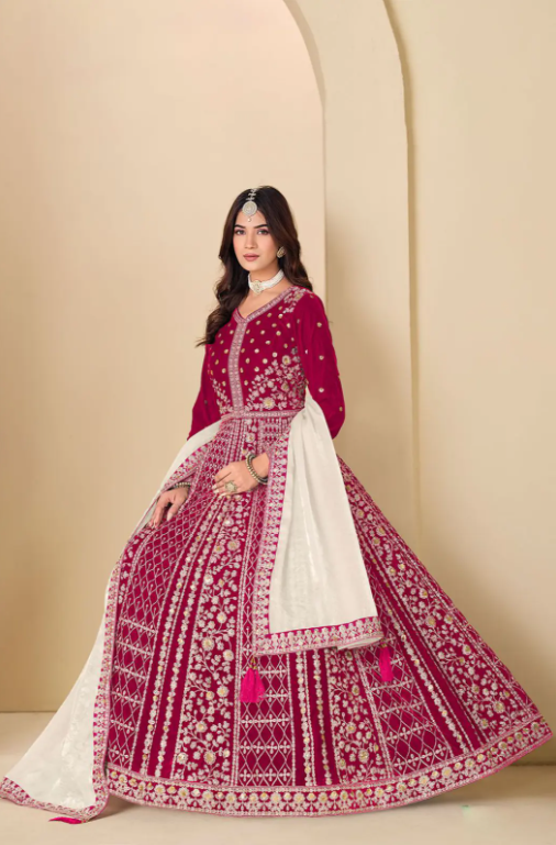 Magenta Plus Size Sangeet Wedding Anarkali Suit In Velvet SFDFS38304