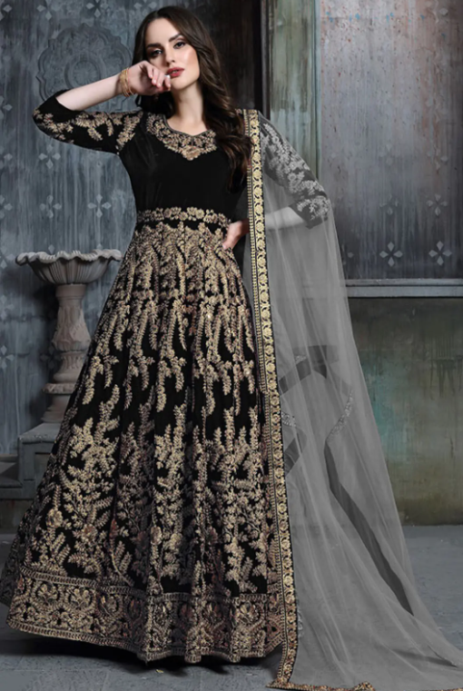 Black Plus Size Sangeet Wedding Anarkali Suit In Velvet SFDFS11301C