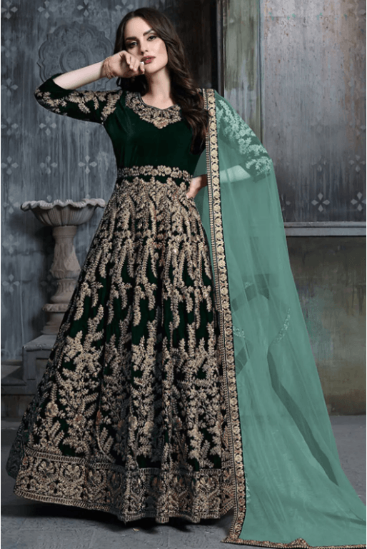 Green Plus Size Sangeet Wedding Anarkali Suit In Velvet SFDFS11301A