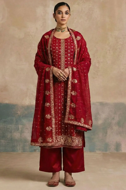 Maroon Wedding Palazzo Suit Salwar Kameez In Georgette SFSA555101R