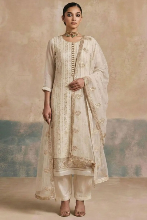 White Wedding Palazzo Suit Salwar Kameez In Georgette SFSA555102R