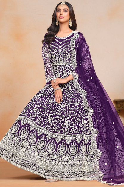 Purple Sangeet Party Plus Size Anarkali Suit In Net YDDF30802