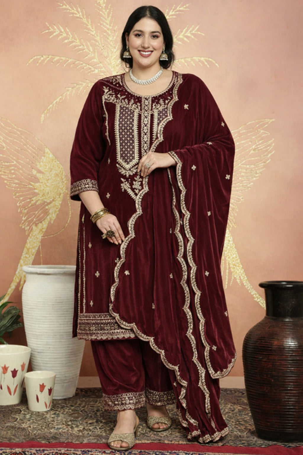 Maroon Plus Size Sangeet Wedding Salwar Kameez In Velvet SFSTL29805