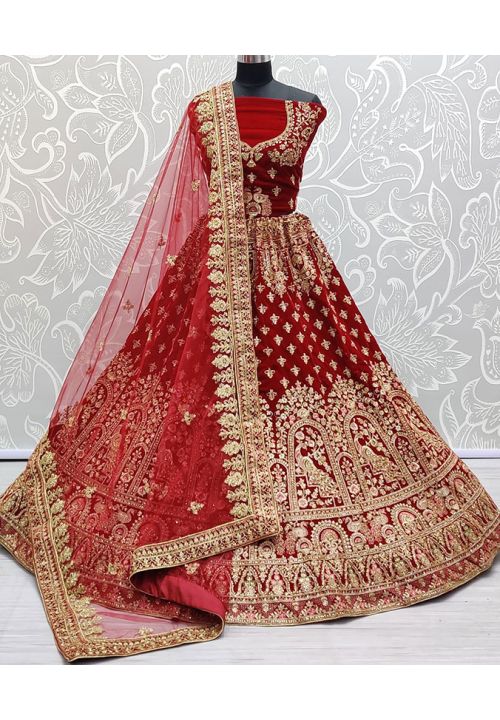 Velvet Red Traditional Royal Work Embroidery Bridal Lehenga SFANJ1895