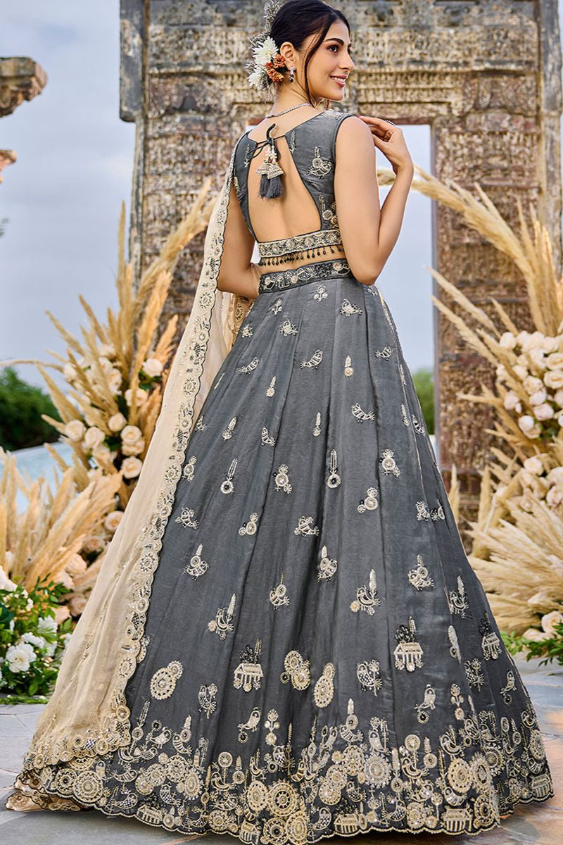Grey Silk Wedding Party Lehenga Choli SFPRF261504R