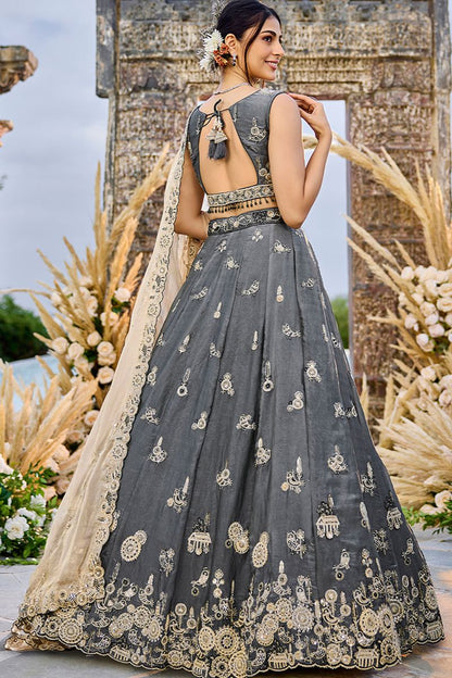 Grey Silk Wedding Party Lehenga Choli SFPRF261504R