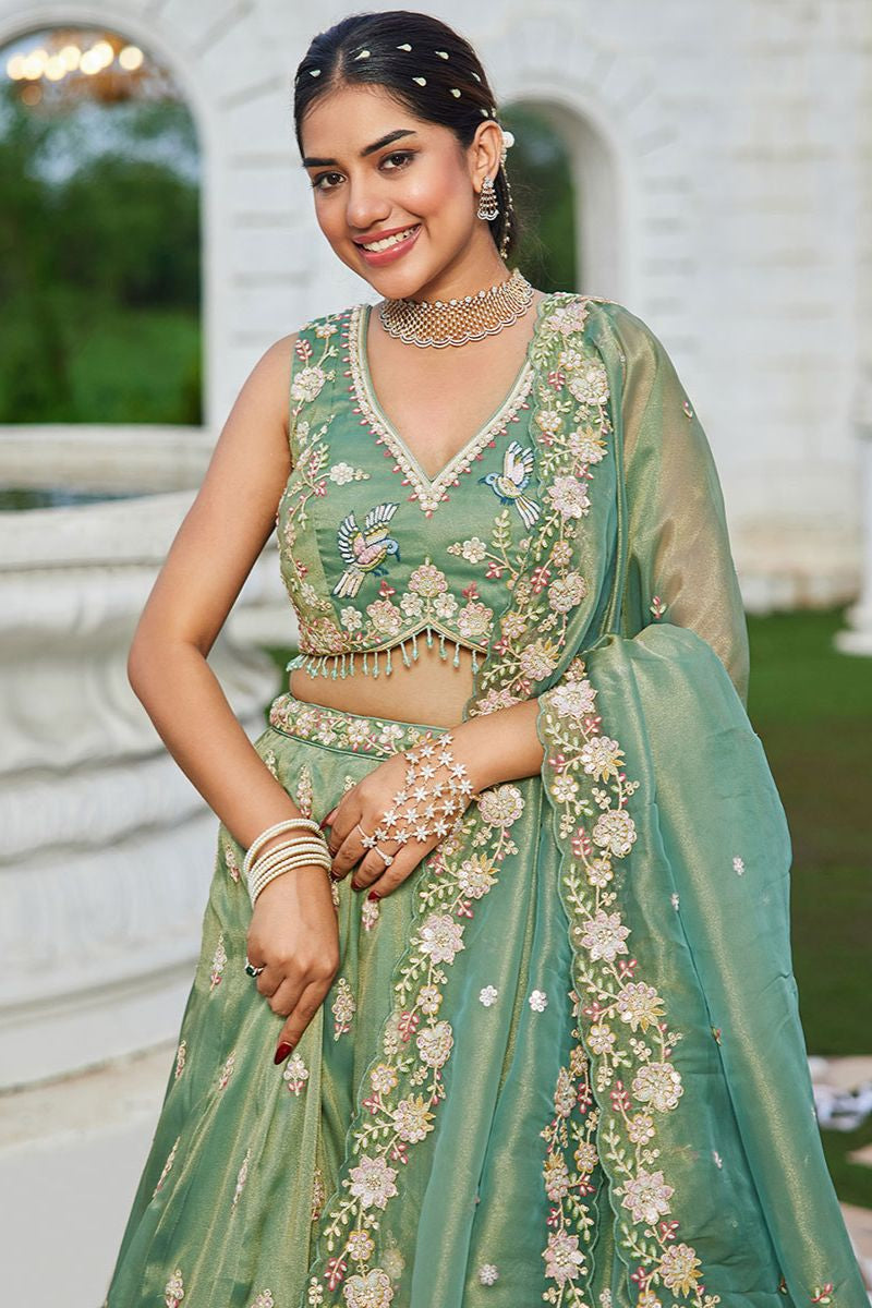 Green Tissue Wedding Party Lehenga Choli SFPRF261507R