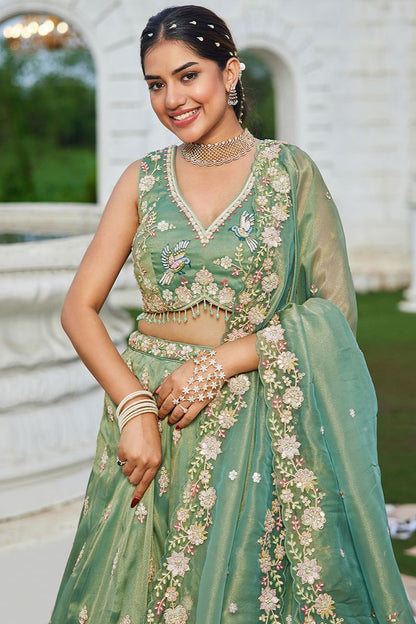 Green Tissue Wedding Party Lehenga Choli SFPRF261507R