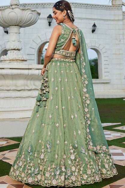 Green Tissue Wedding Party Lehenga Choli SFPRF261507R