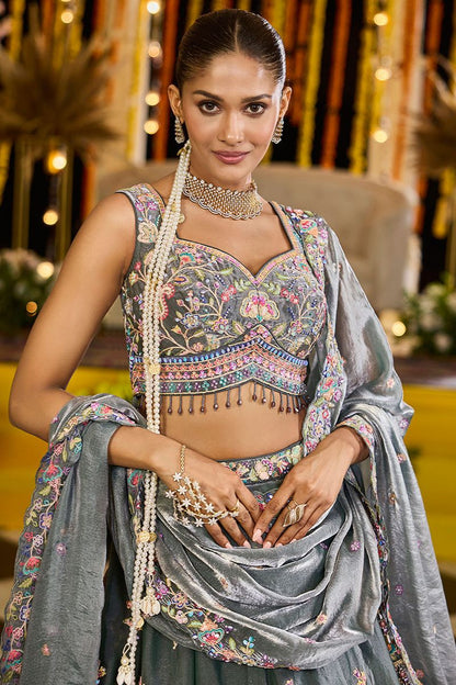 Grey Tissue Wedding Party Lehenga Choli SFPRF261509R