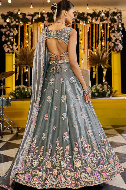 Grey Tissue Wedding Party Lehenga Choli SFPRF261509R