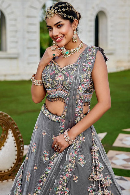 Grey Tissue Lehenga Choli In Embroidery SFPRF261510R