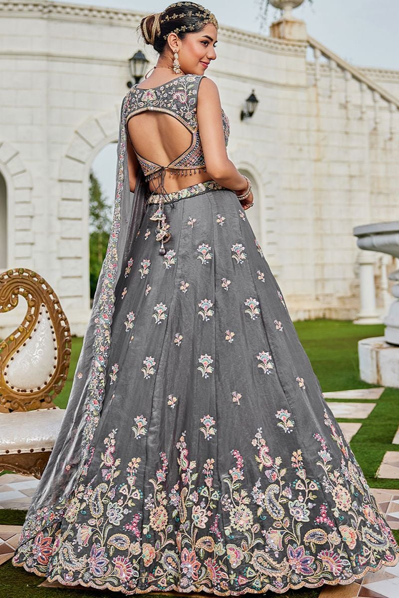 Grey Tissue Lehenga Choli In Embroidery SFPRF261510R