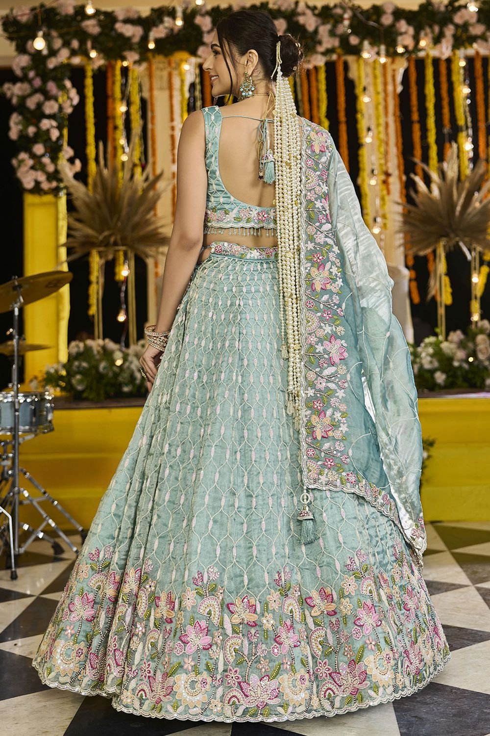 Green Silk Lehenga Choli - SFPRF261704R