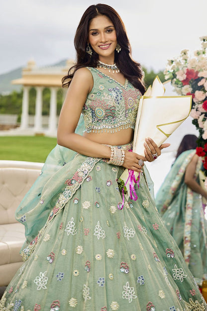 Green Silk Lehenga Choli - SFPRF261706R
