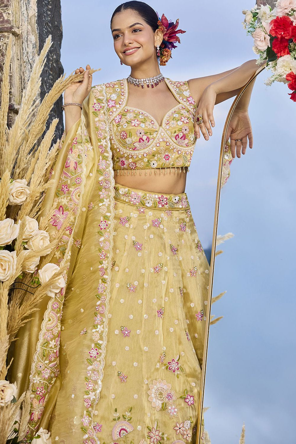 Yellow Organza Lehenga Choli - SFPRF261711R