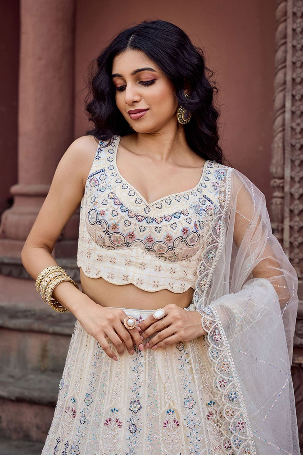 Cream Net Wedding Sangeet Lehenga Choli SFPRF265604