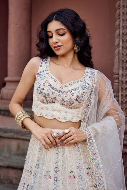 Cream Net Wedding Sangeet Lehenga Choli SFPRF265604