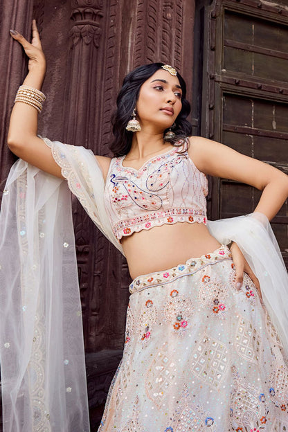 Cream Net Wedding Sangeet Lehenga Choli  SFPRF265605