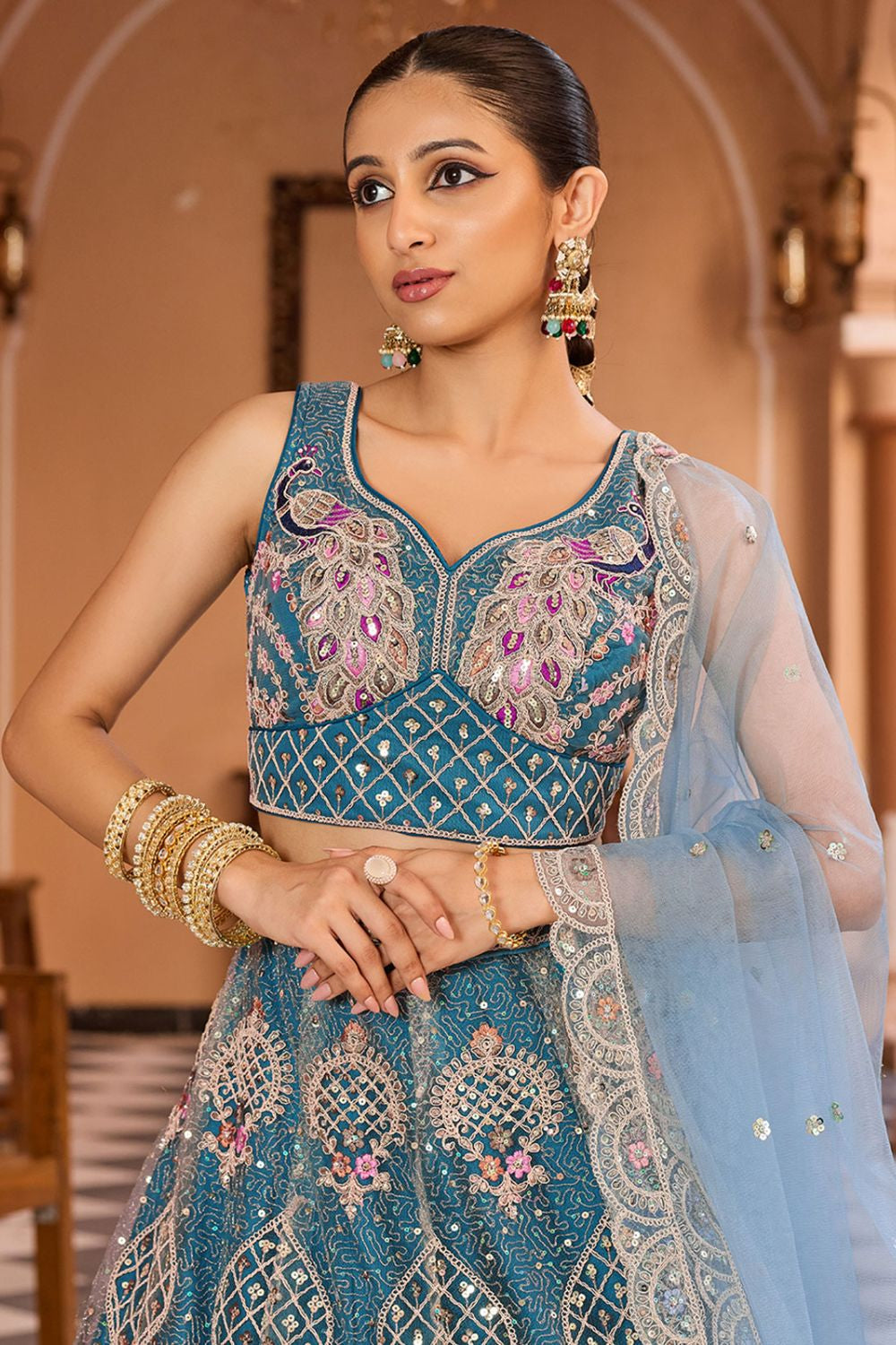 Blue Net Wedding Sangeet Lehenga Choli  SFPRF265607