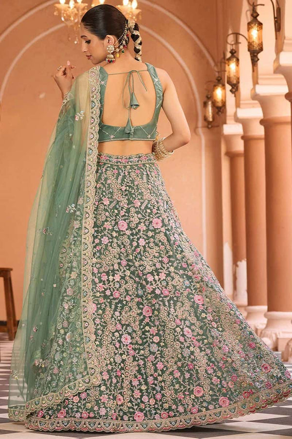 Green Engagement Wedding Net Lehenga Choli - SFPRF266908