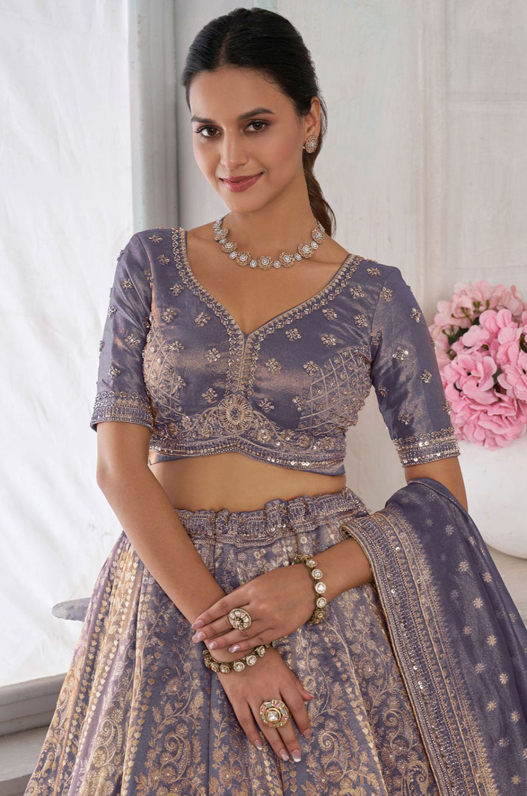 Purple Kanjivaram Lehenga Choli - SFPRF280004