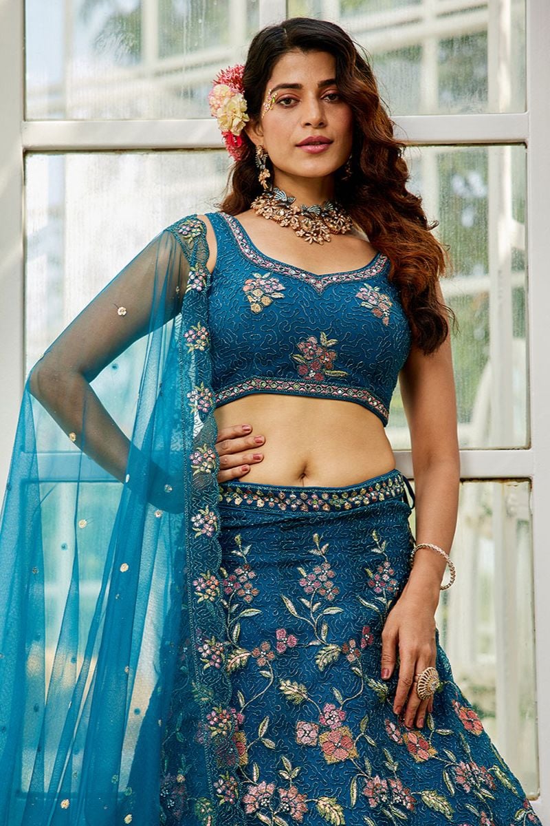 Blue Net Designer Lehenga Choli For Wedding Party SFPRF228209