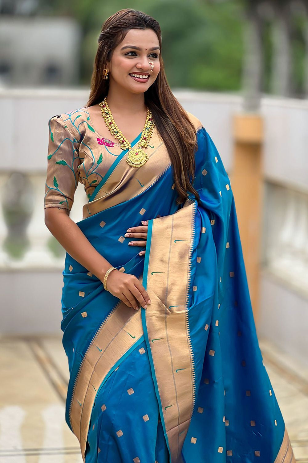 Blue Sleek Paithani Silk Saree With Blouse  SFPRF251302