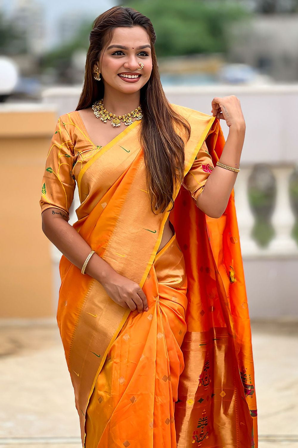 Orange Sleek Paithani Silk Saree With Blouse  SFPRF251304