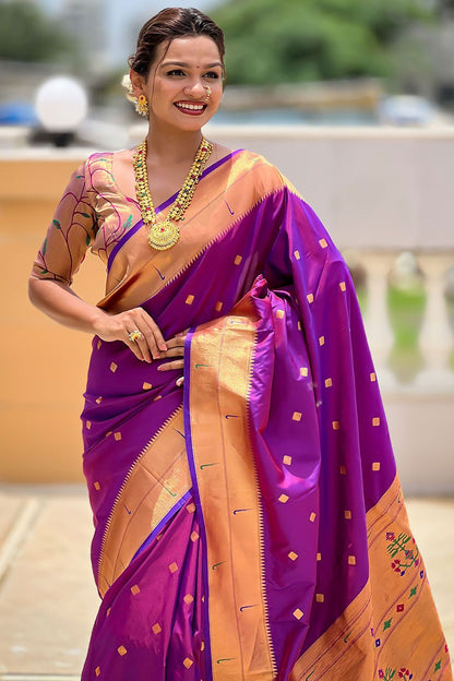 Purple  Sleek Paithani Silk Saree With Blouse  SFPRF251306