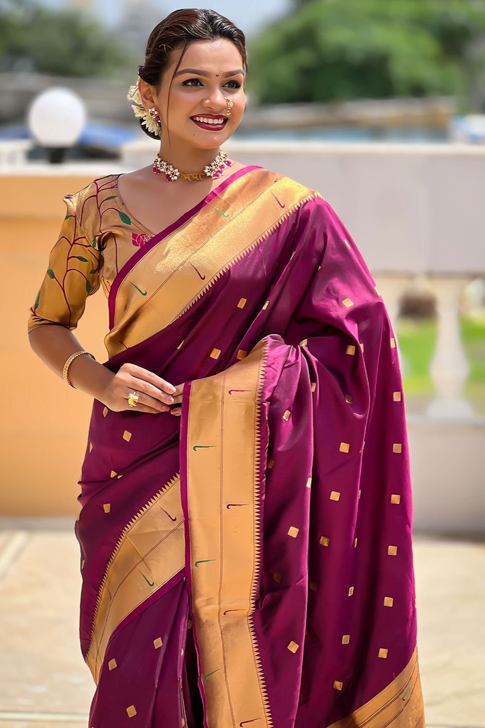 Magenta Sleek Paithani Silk Saree With Blouse  SFPRF251310