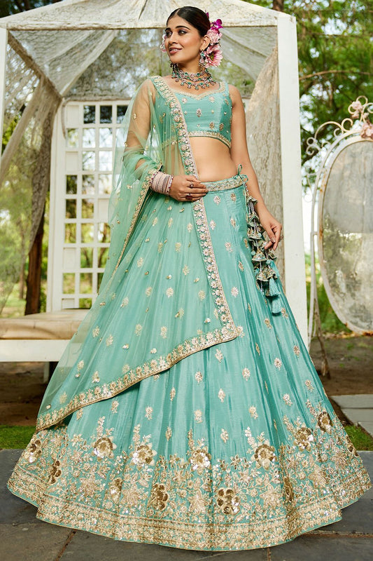 Blue Wedding Reception Chiffon Lehenga Choli In Chiffon SFFK28404