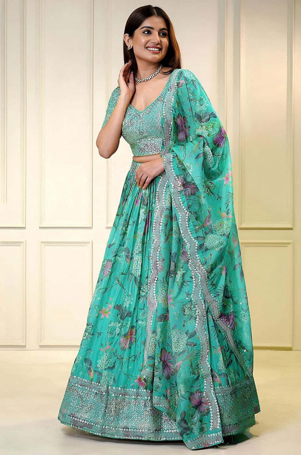 Turquoise Organza Lehenga Choli - SFZC5501