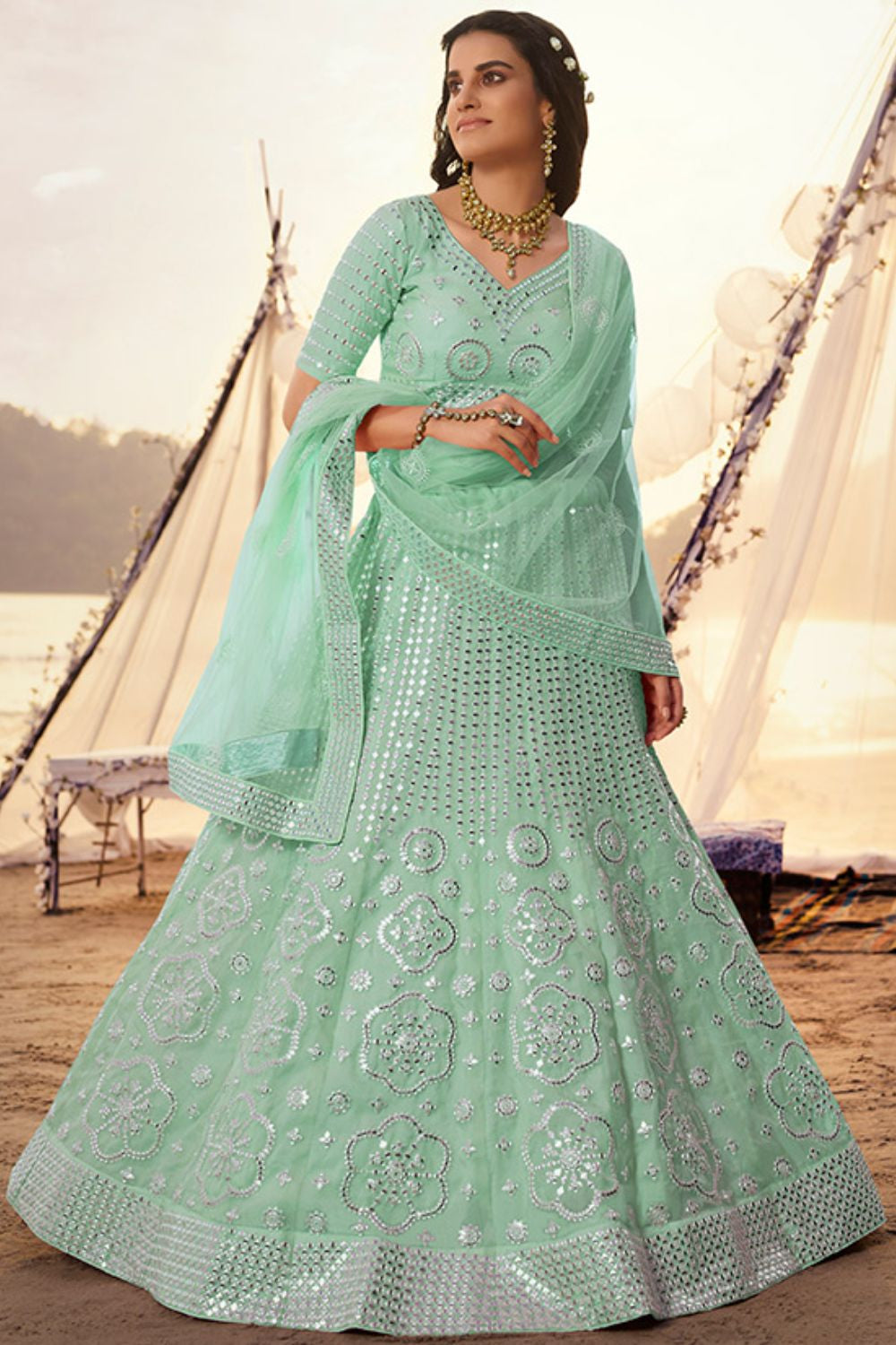 Turquoise  Organza Partywear Lehenga Choli Foil Mirror Work SFARY8016
