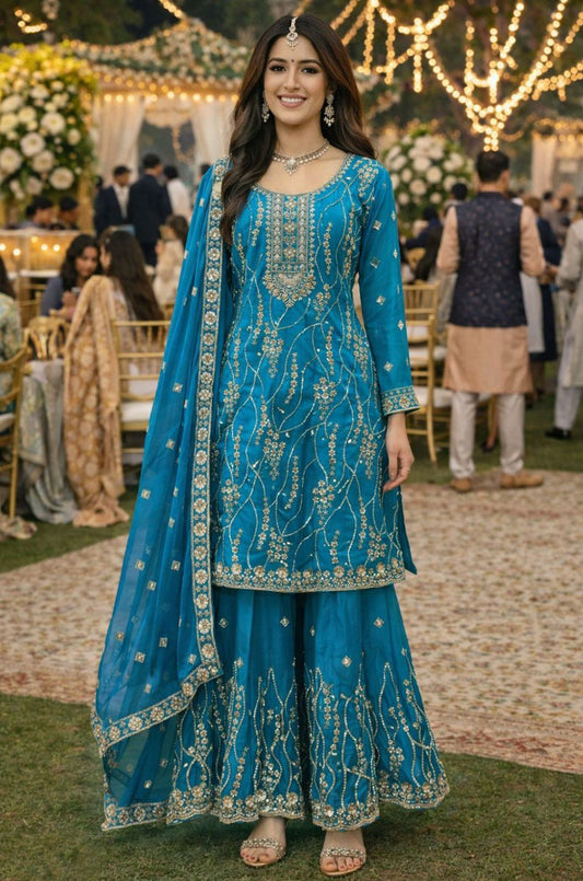 Blue Silk Salwar Kameez - SFSA566802R