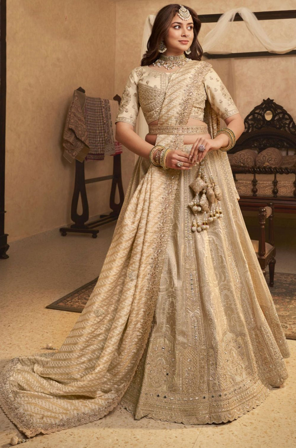 Beige Banarasi Lehenga Choli - SFSA522205